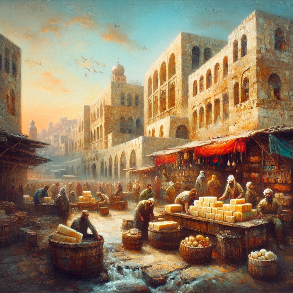 aleppo. Oilpainting. arabic Landscape, ancient soap makers in the background. hints of red and blue. AI generated.